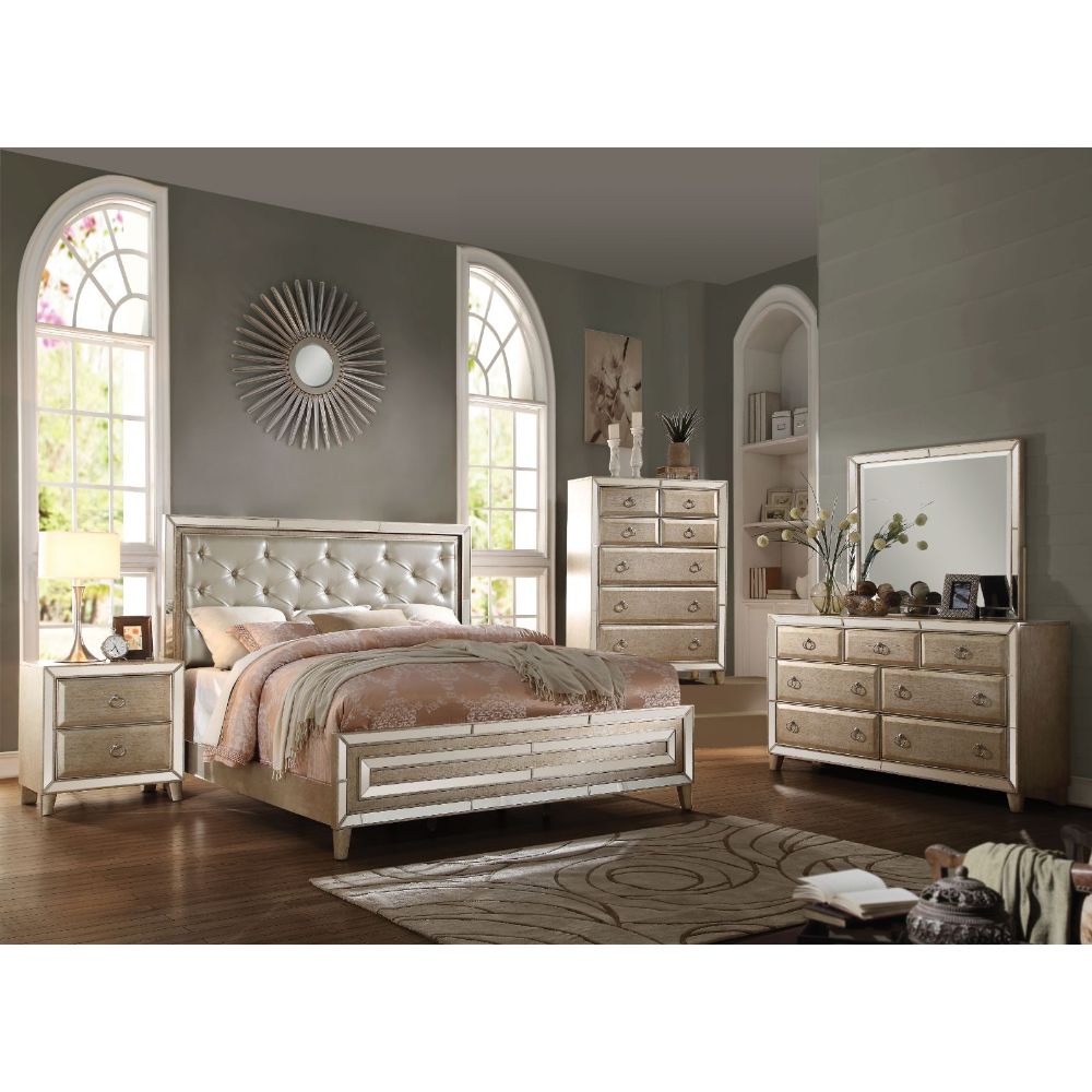 ACME - Voeville Eastern King Bed in Matte Gold PU/Antique Silver