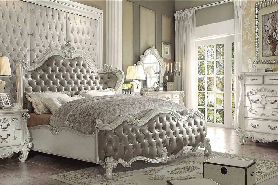 ACME Versailles Bed - Vintage Gray PU/Bone White, Queen Size