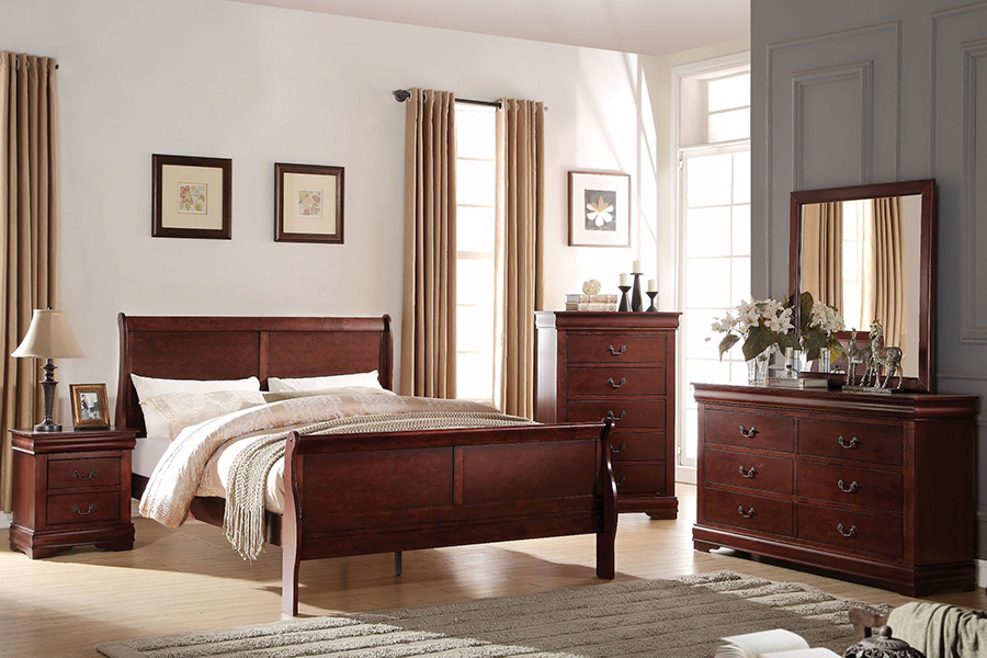 ACME Louis Philipe Sleigh Bed - Cherry Brown, Queen Size