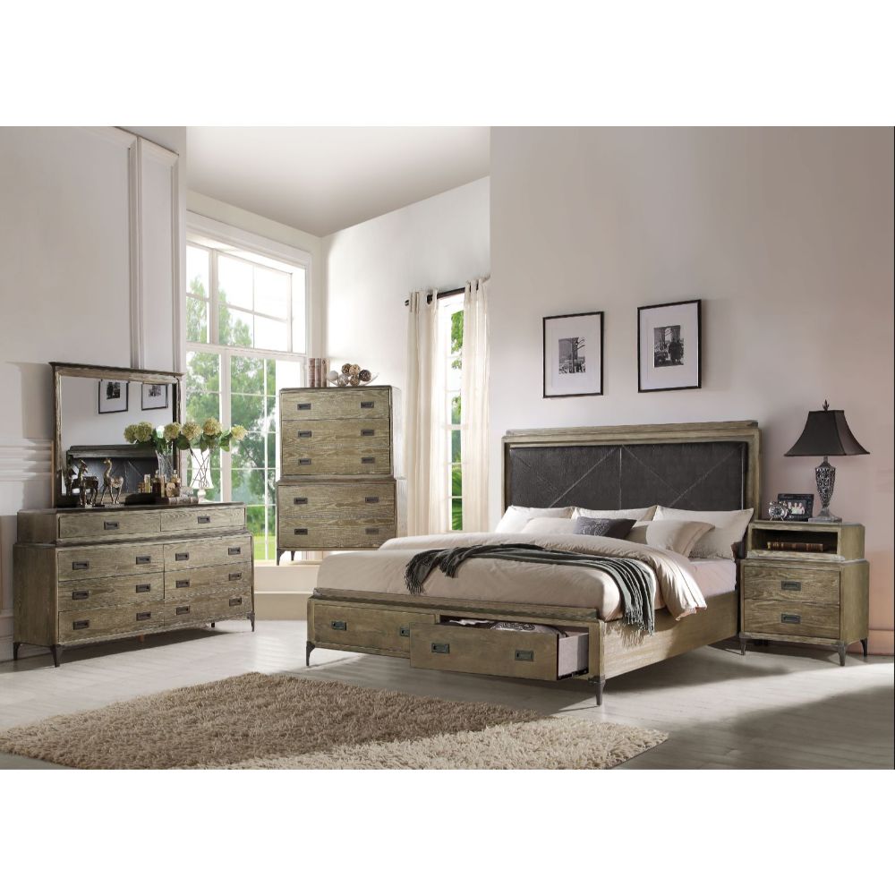 ACME - Athouman EK Bed with Storage in Synthetic/Weathered Oak