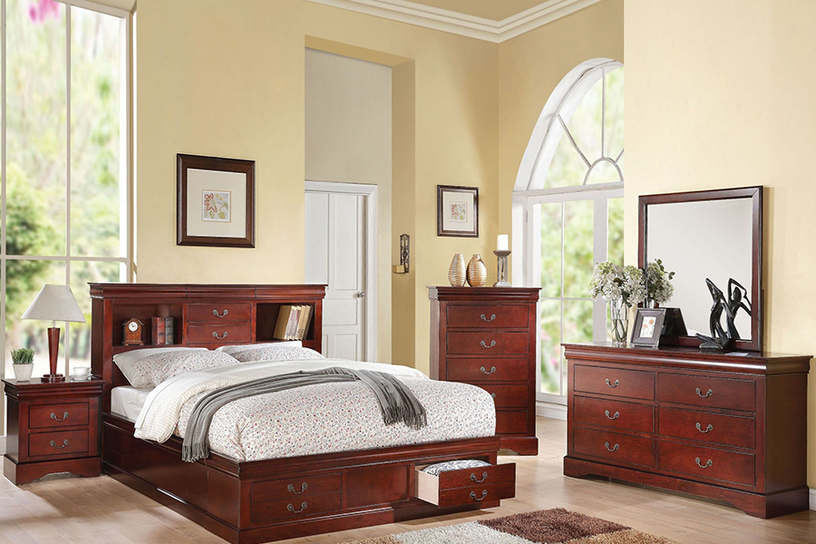 ACME Louis Philippe III Bookcase Storage Bed - Cherry, King Size