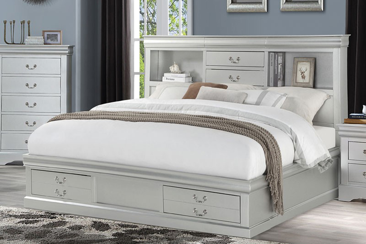 ACME Louis Philippe III Bookcase Bed - Platinum, King Size