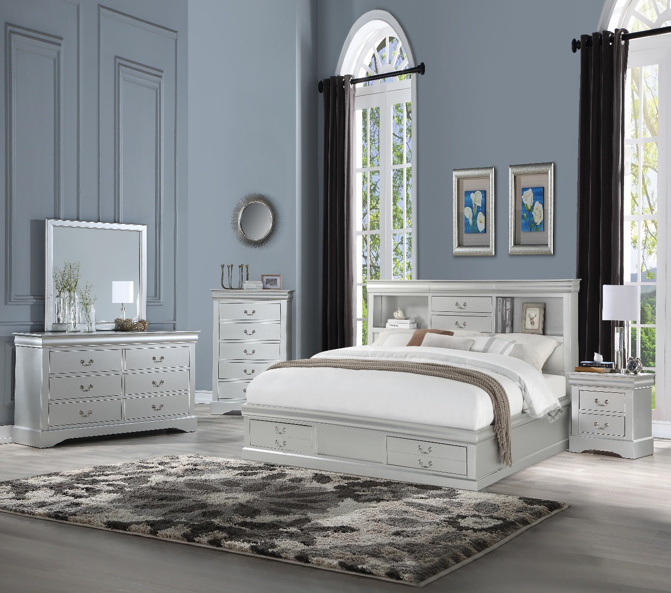 ACME Louis Philippe III Queen Bed with Storage - Platinum