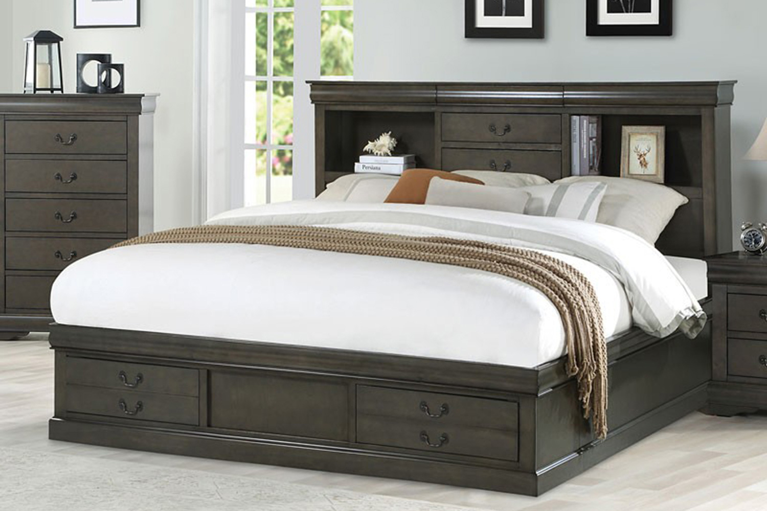 ACME Louis Philippe III Bookcase Bed - Dark Gray, King Size