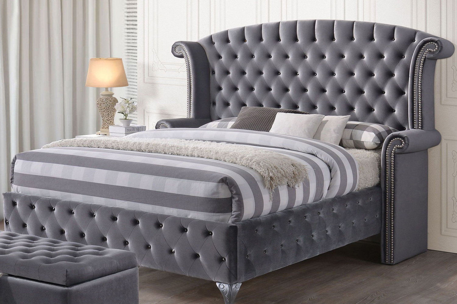 ACME - Rebekah Gray Upholstered Platform Bed