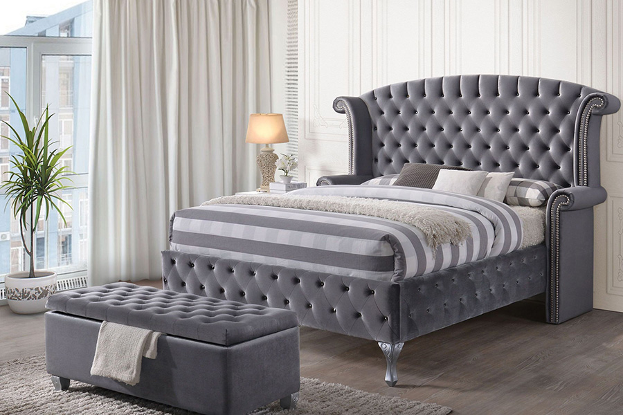 ACME Rebekah Gray Upholstered Platform Bed - Queen Size