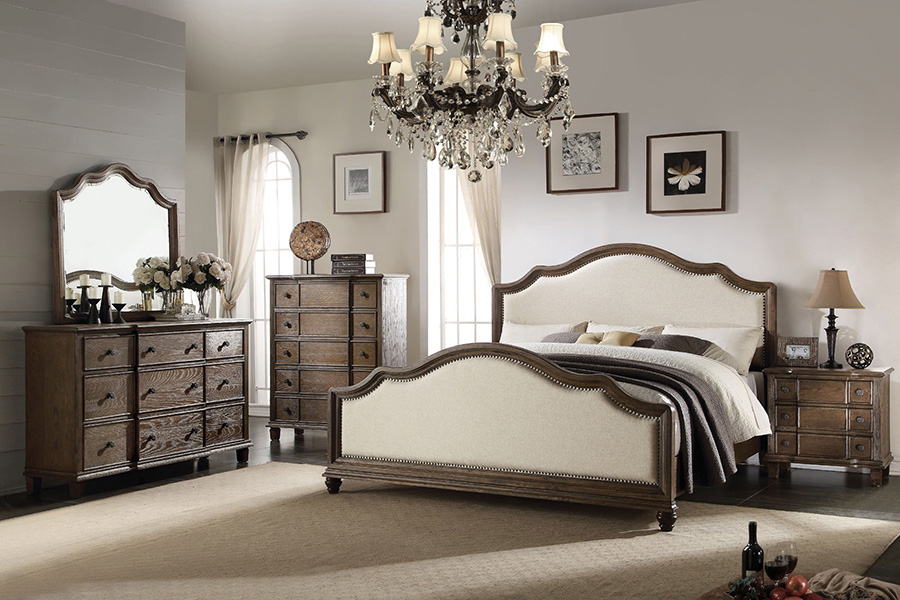 ACME Baudouin Queen Bed - Beige Linen/Weathered Oak