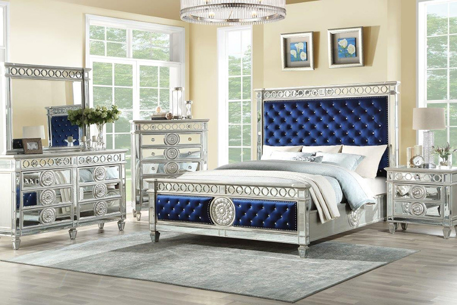 ACME Varian Bed - Blue Velvet and Mirrored, California King Size