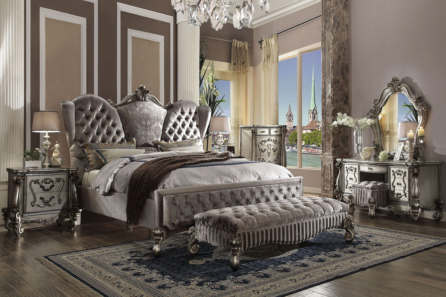 ACME Versailles Upholstered Panel Bed - Silver Velvet and Antique Platinum Silver, King Size