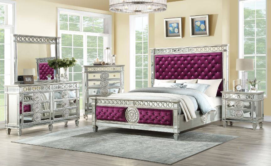 ACME Varian CK Bed - Burgundy Velvet/Mirrored