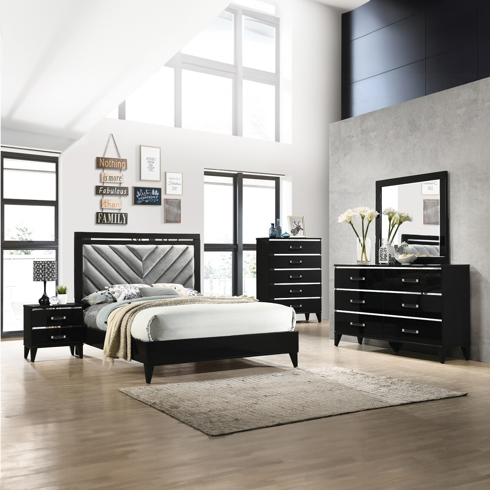 ACME Chelsie Bed - Eastern King Size, Gray Fabric and Black Finish