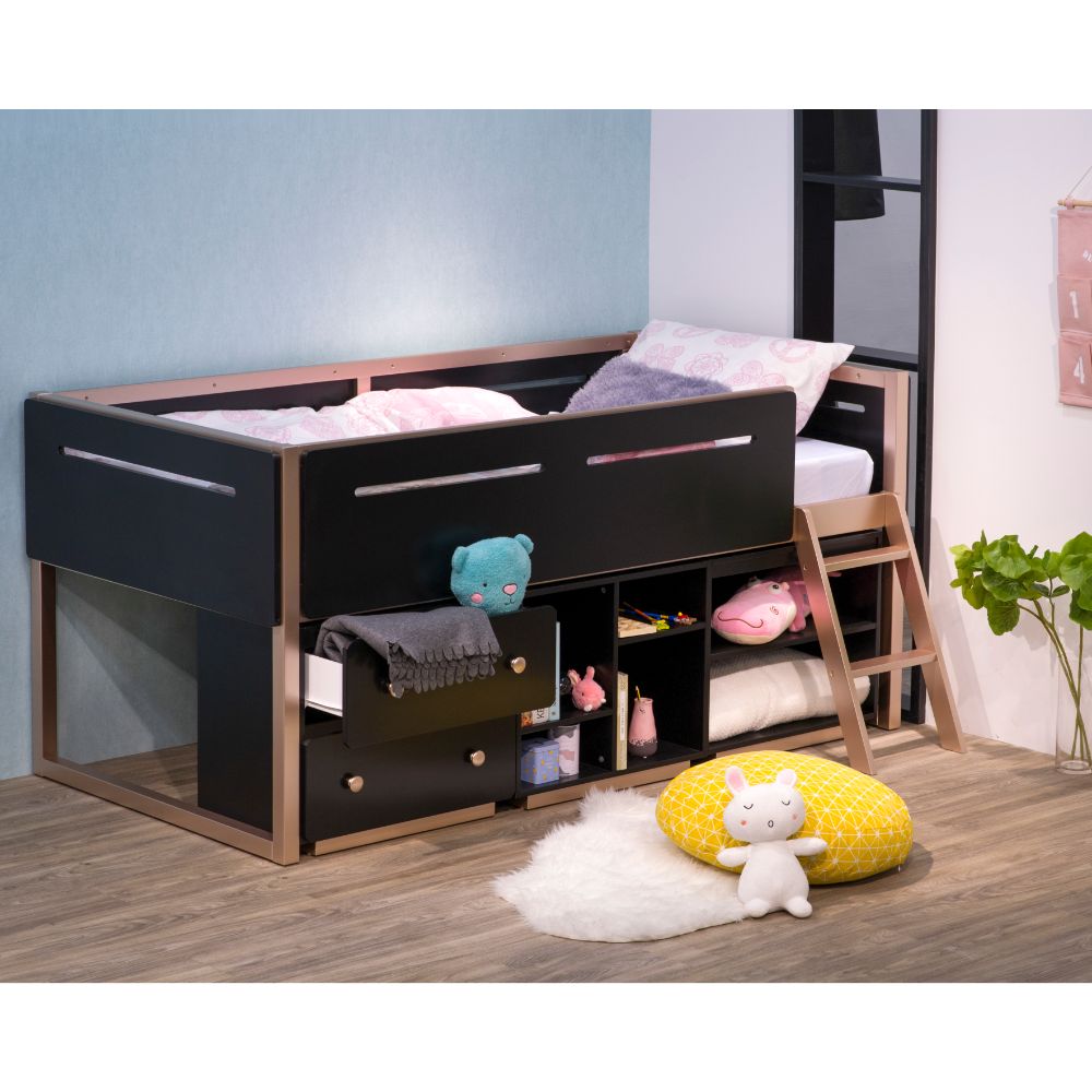 ACME - Prescott Twin Loft Bed in Black/Rose-Gold