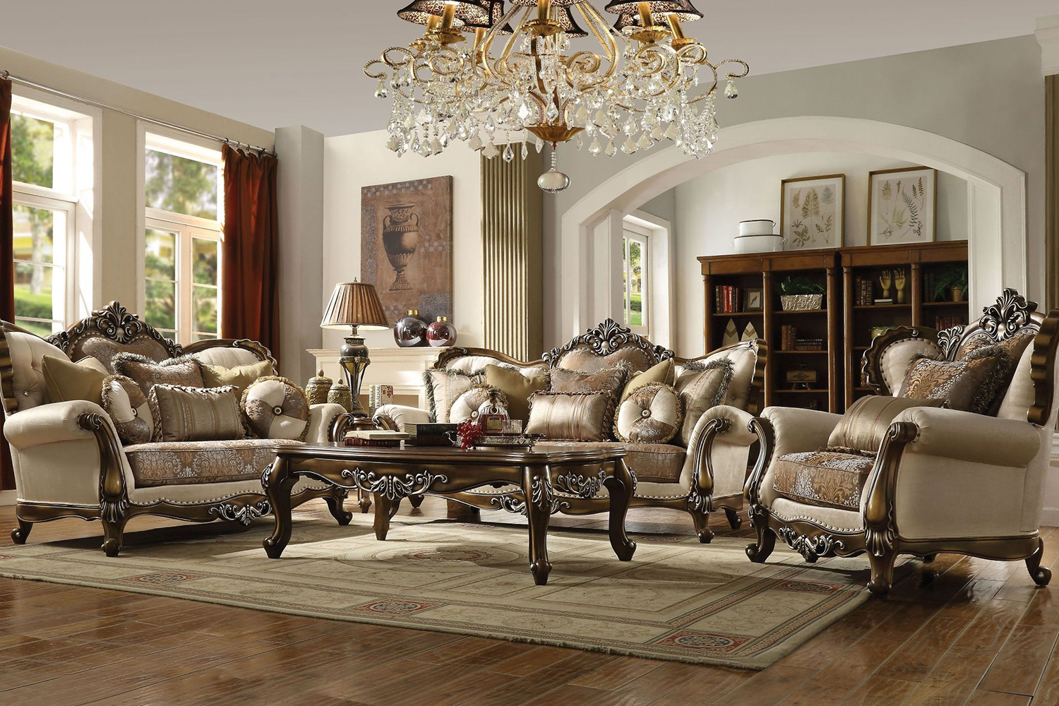 ACME - Latisha Sofa with 8 Pillows (Same Lv01576) in Tan/Antique Oak