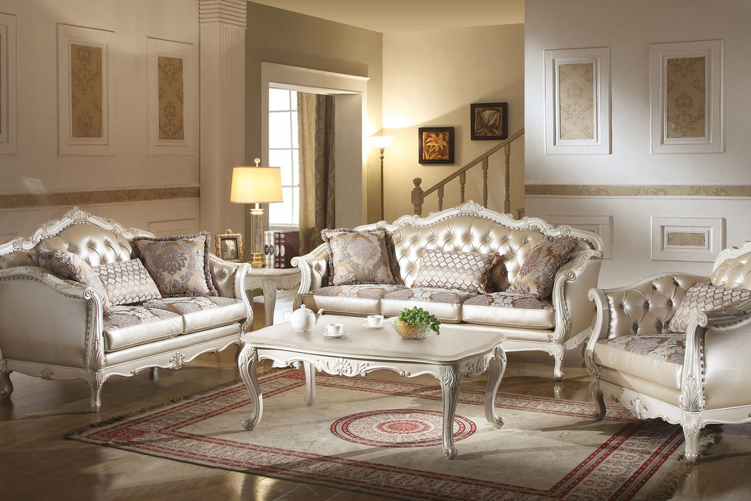 ACME - Chantelle Loveseat with 3 Pillows in Rose Gold /Fabric/Pearl White