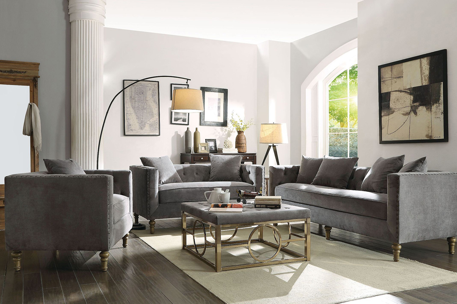 ACME - Sidonia Sofa with 4 Pillows in Gray