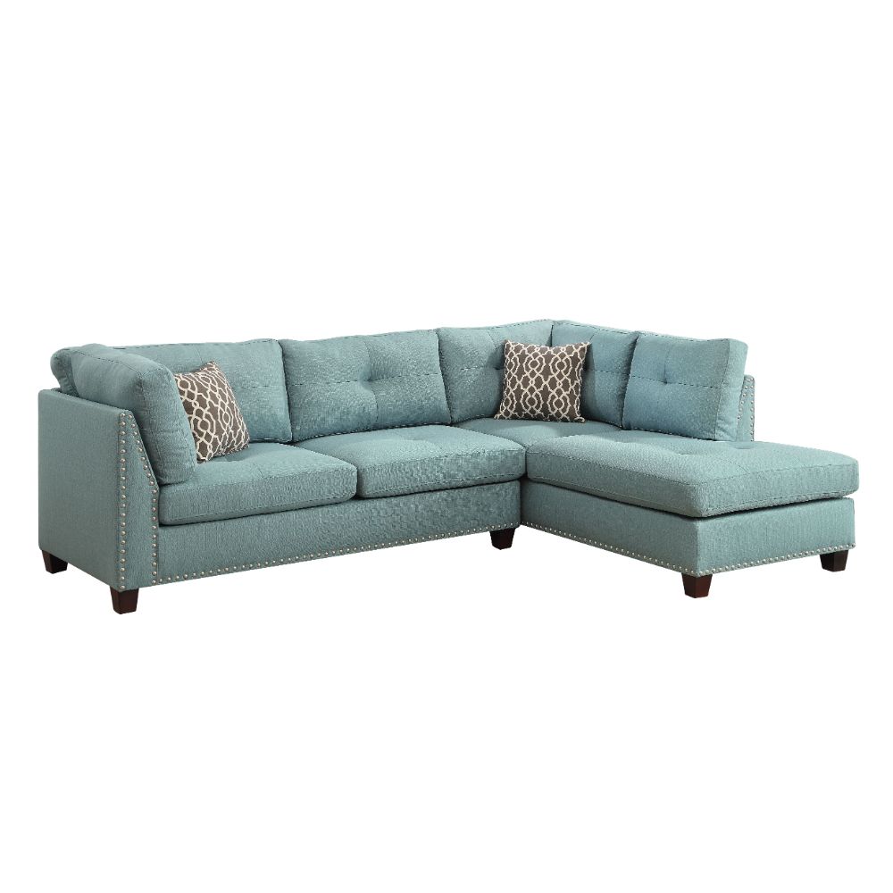 ACME Laurissa Sectional Sofa & Ottoman with 2 Pillows - Light Teal Linen