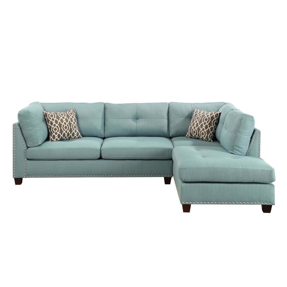 ACME Laurissa Sectional Sofa & Ottoman with 2 Pillows - Light Teal Linen