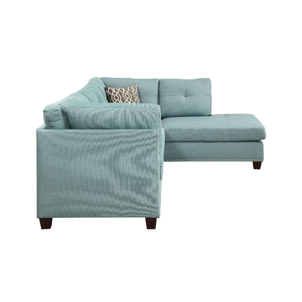 ACME Laurissa Sectional Sofa & Ottoman with 2 Pillows - Light Teal Linen