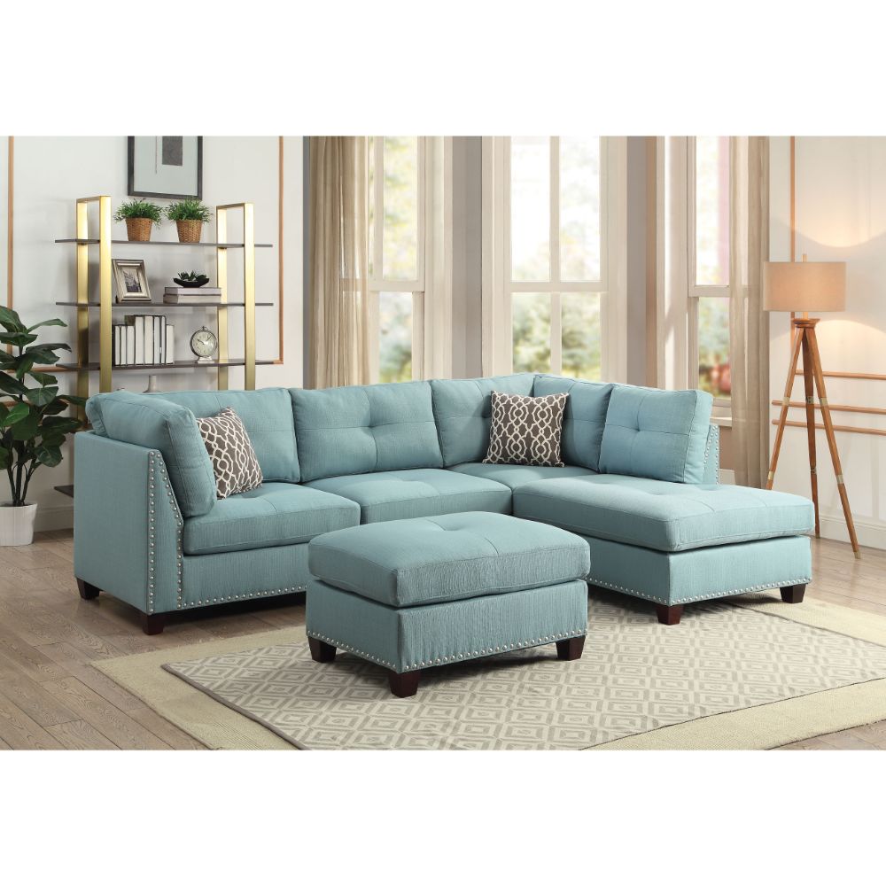 ACME Laurissa Sectional Sofa & Ottoman with 2 Pillows - Light Teal Linen