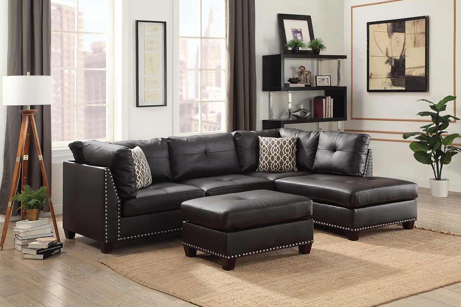 ACME Laurissa Sectional Sofa and Ottoman with 2 Pillows - Ebony Pu