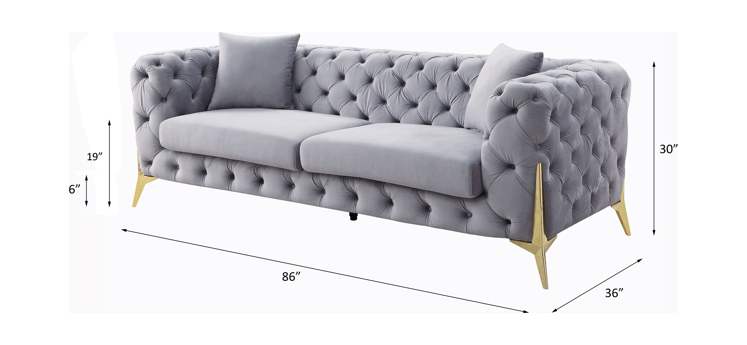 ACME - Jelanea Sofa with 2 Pillows (Same As Lv01406) in Gray Velvet/Gold