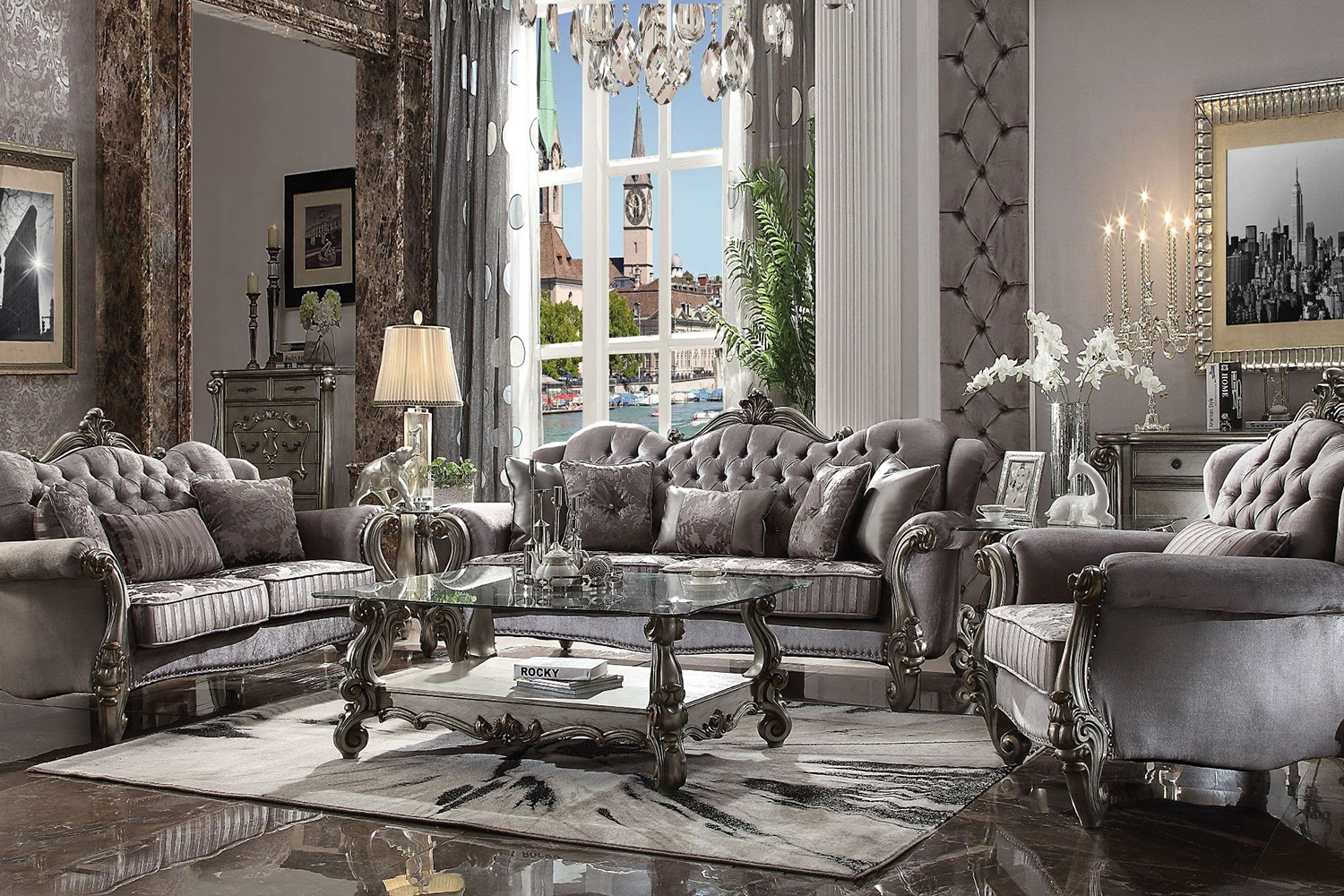 ACME Versailles Wingback Sofa - Silver Velvet and Antique Platinum