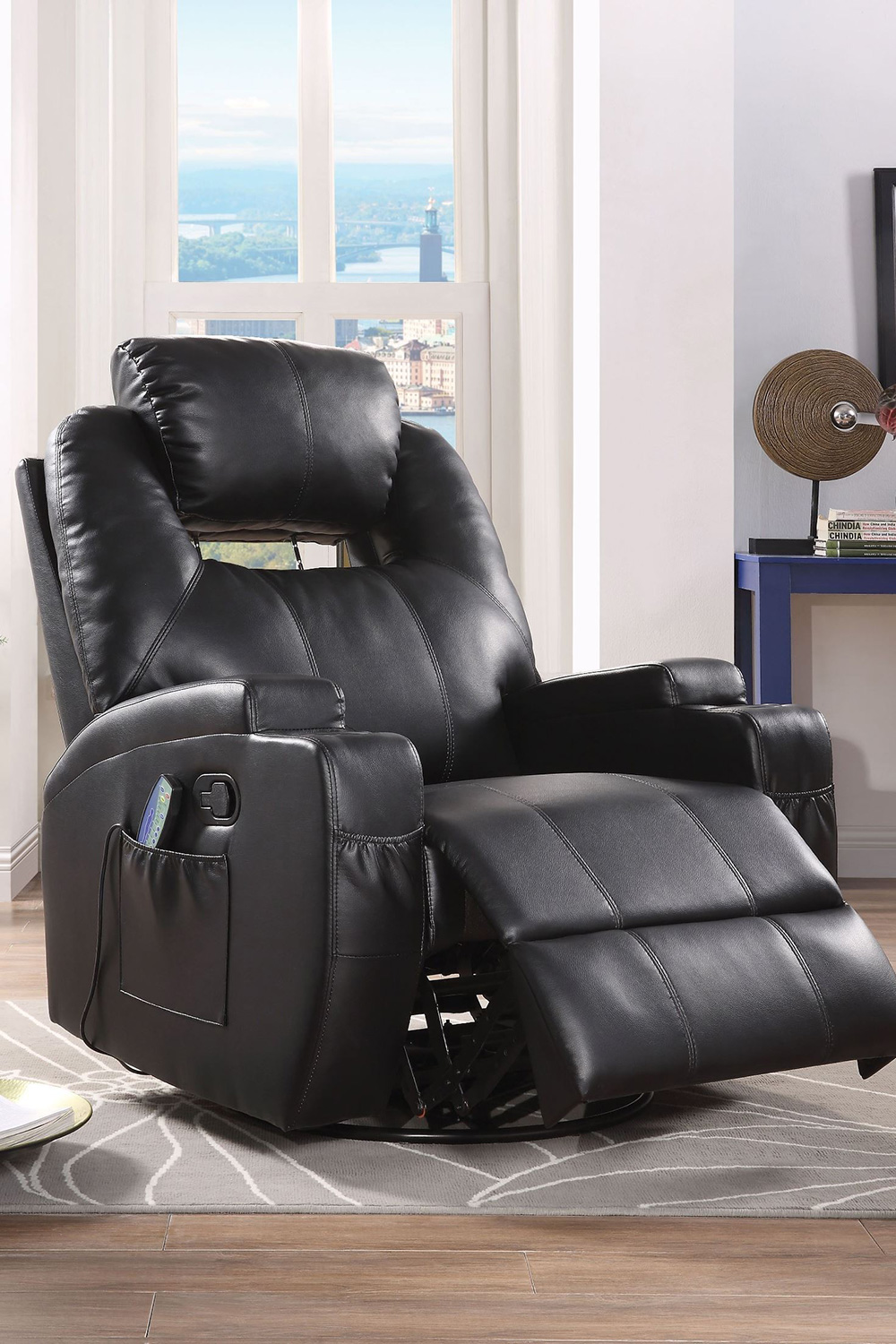 ACME Waterlily Bonded Leather Match Swivel Rocker Recliner - Black