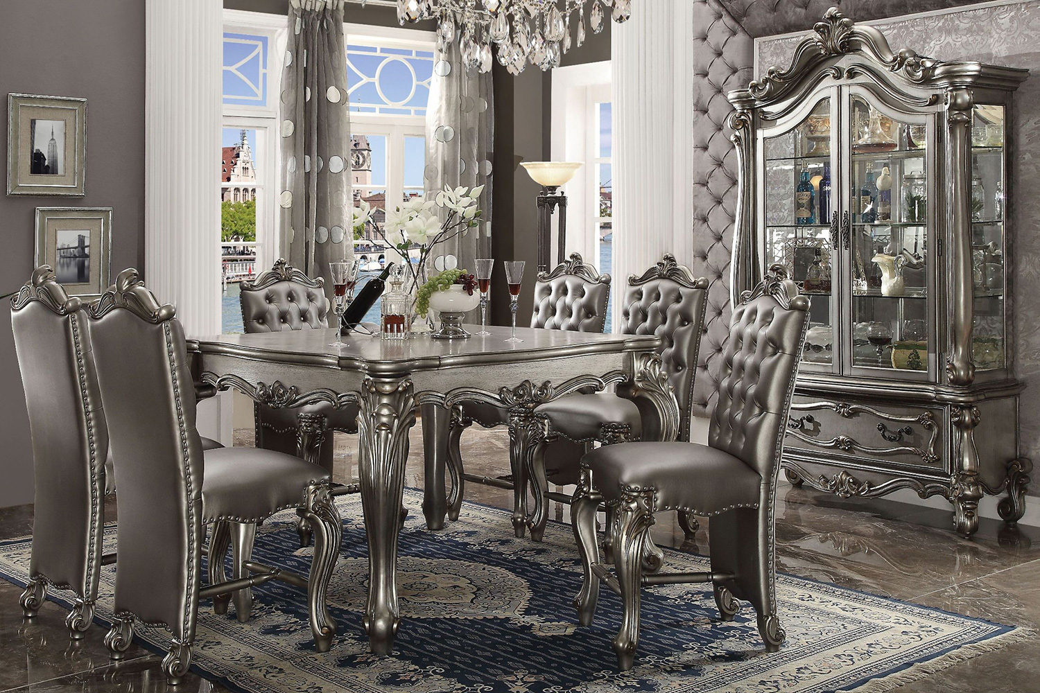 ACME Versailles Counter Height Dining Table - Antique Platinum Silver