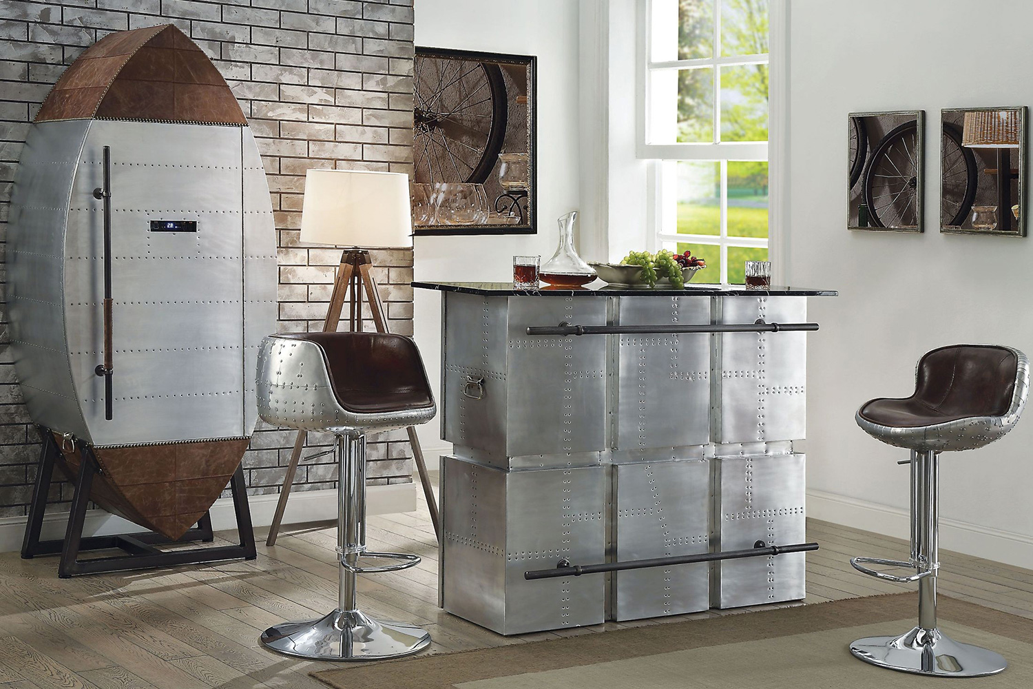 ACME - Brancaster Bar Table with Marble Top in Marble Top/Aluminum