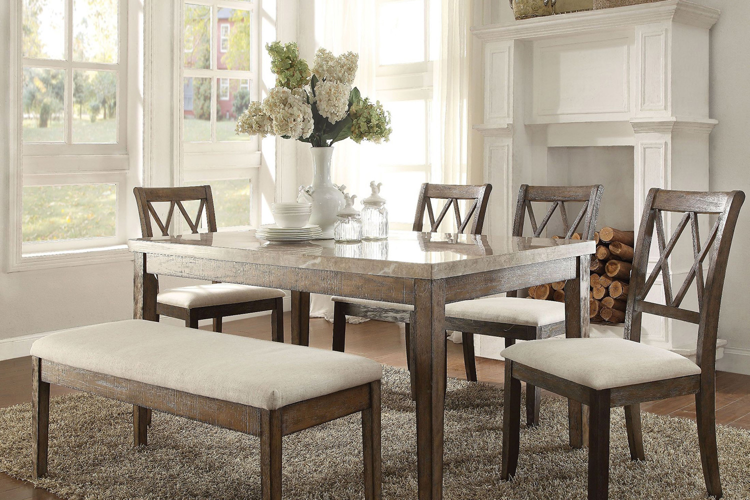 ACME Claudia II Dining Table - White Marble and Salvage Brown