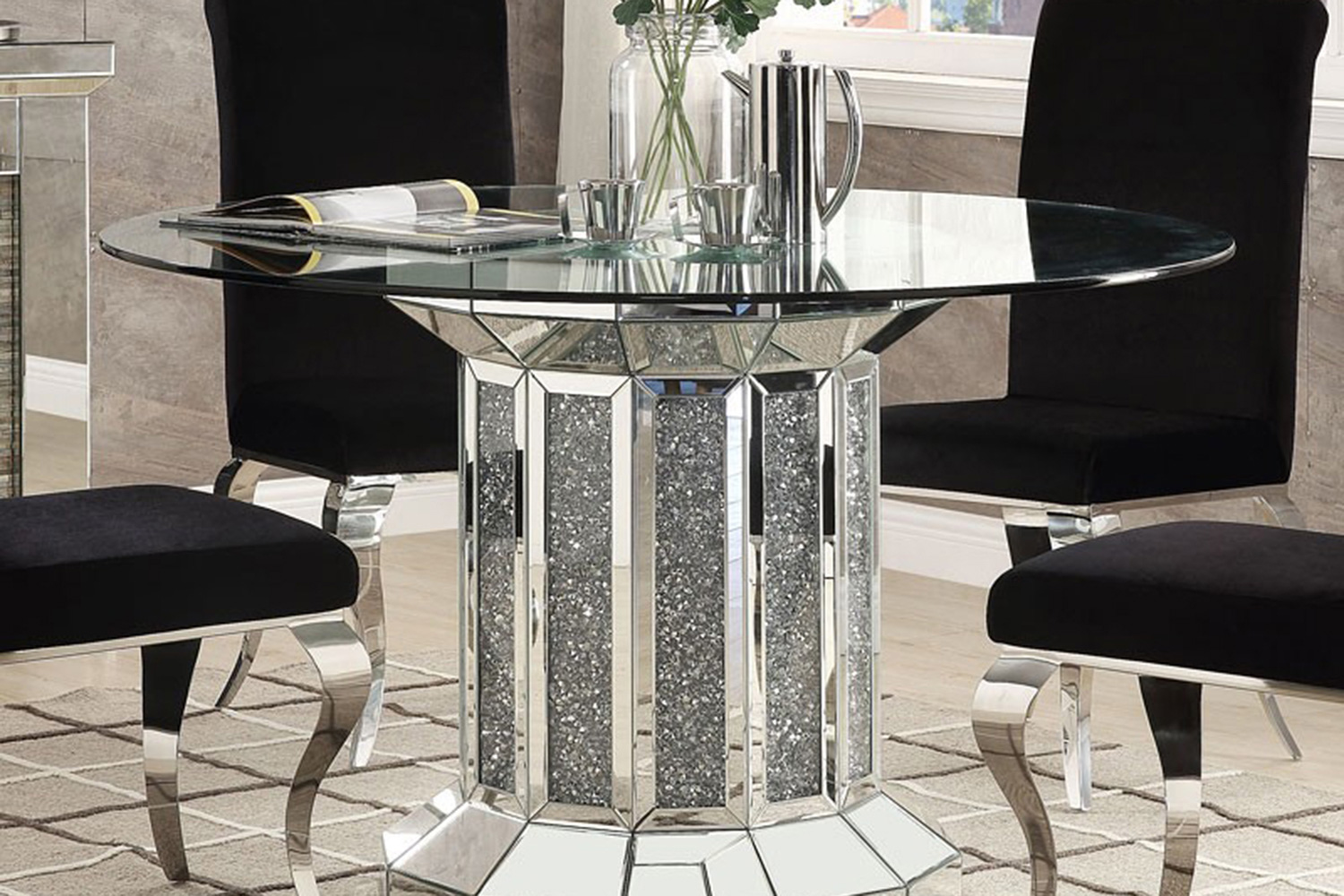 ACME - Noralie Dining Table in Clear Glass Top/Mirrored/Faux Diamonds