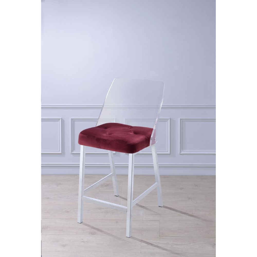 ACME - Nadie II Counter Height Chair (2Pc) in Burgundy Velvet/Chrome