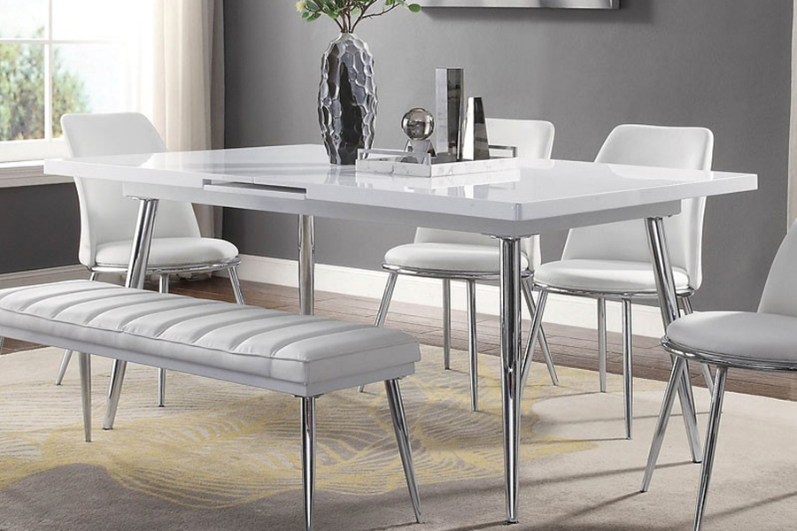 ACME - Weizor Dining Table in White High Gloss/Chrome