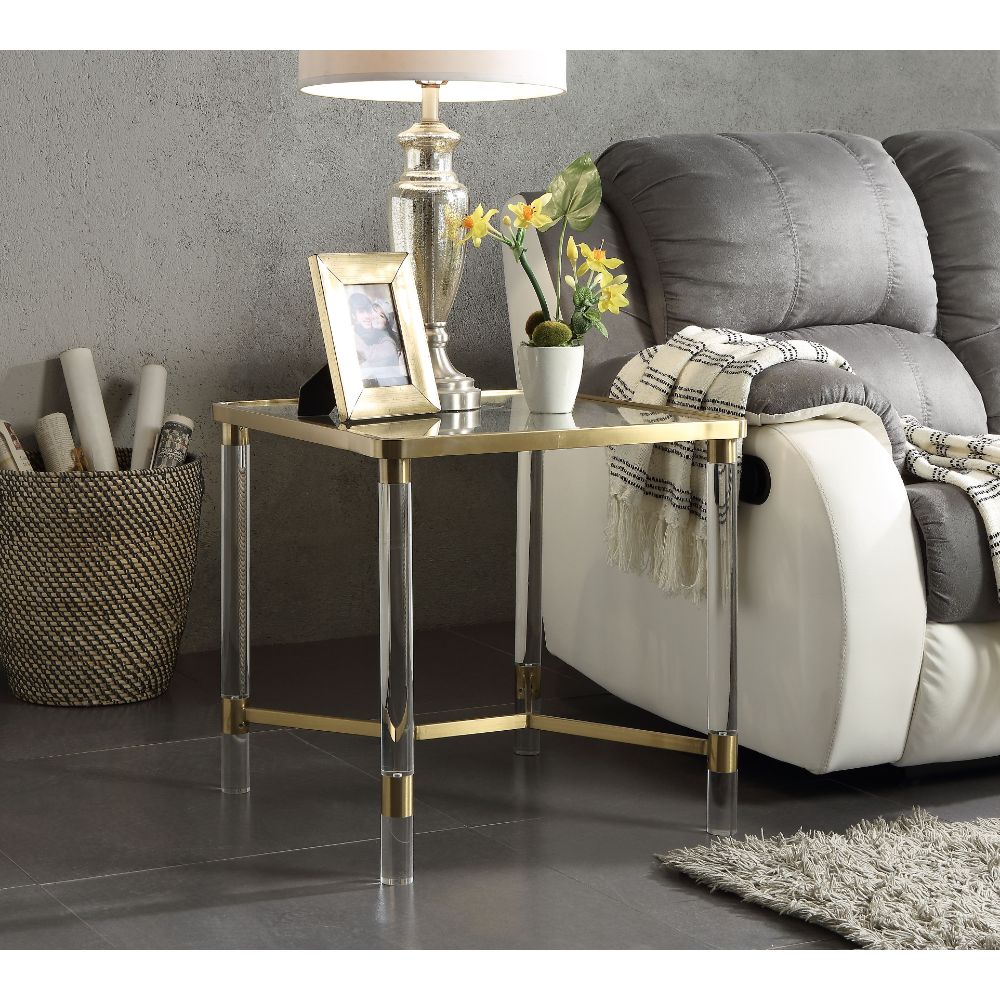 ACME - Penstemon End Table in Clear Acrylic/Gold Stainless Steel/Clear Glass