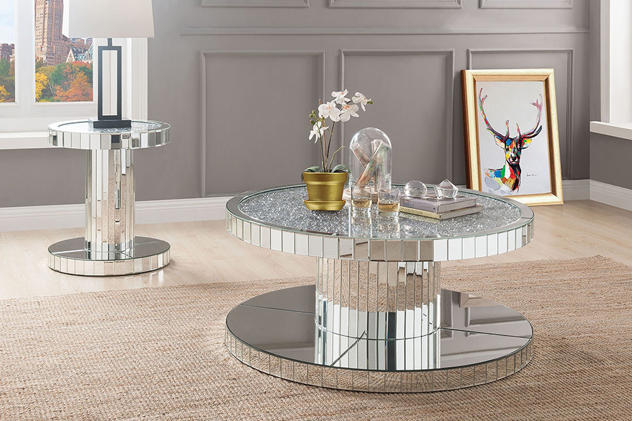 ACME - Noralie Coffee Table in Mirrored/Faux Diamonds (80300)