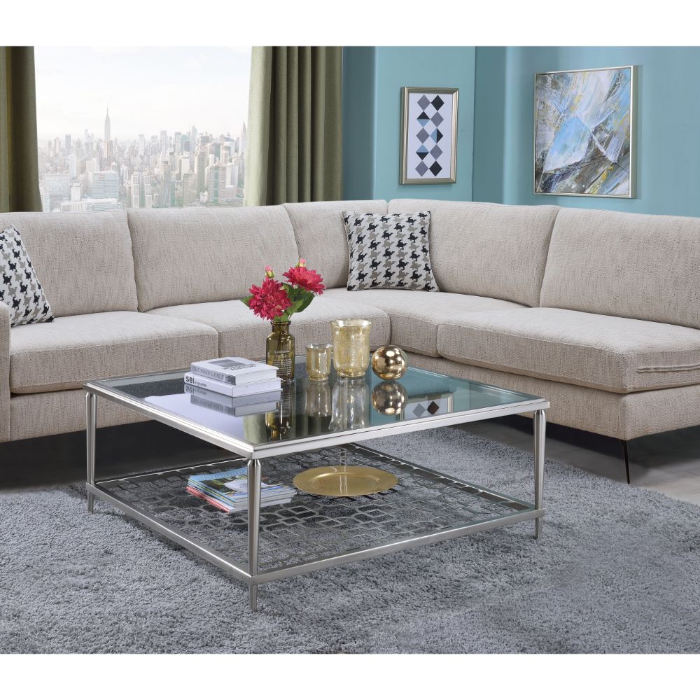 ACME - Naiya Coffee Table in Nickel/Clear Glass