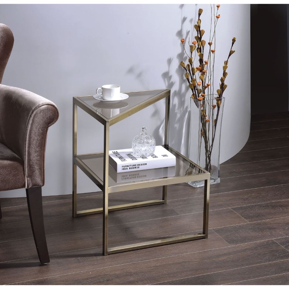 ACME - Treva Accent Table in Smoky Glass/Antique Gold