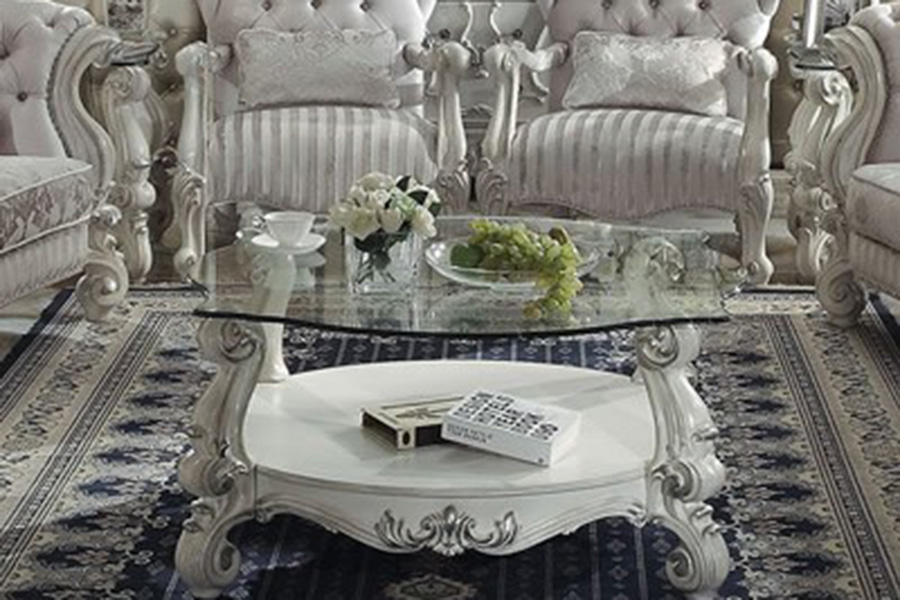 ACME Versailles Glass Top Coffee Table - Antique White