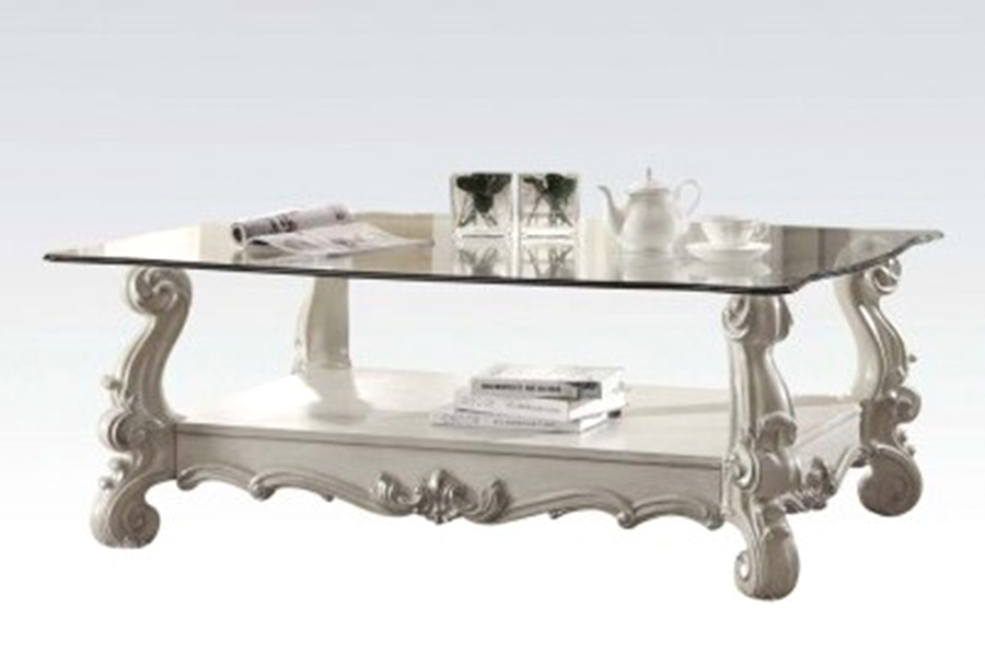 ACME Versailles Glass Top Rectangular Coffee Table - Bone