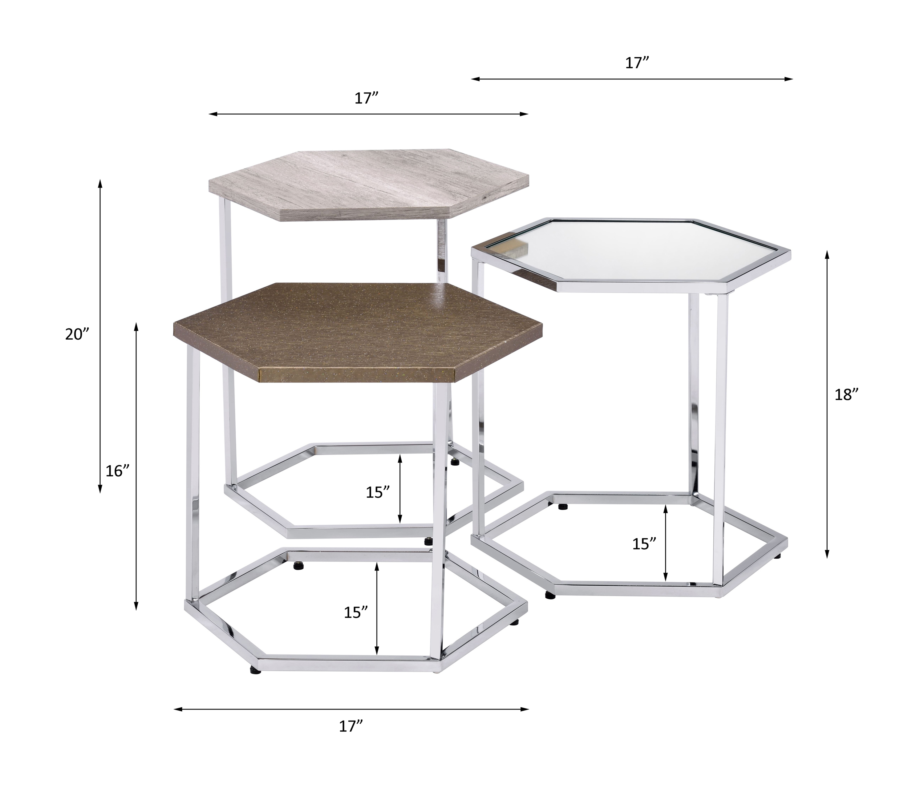 ACME Simno Nesting Table Set - Clear Glass/Taupe/Gray Washed/Chrome