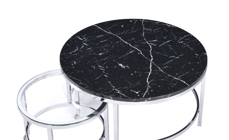 ACME - Virlana Nesting Table Set in Clear Glass/Faux Black Marble Top/Chrome