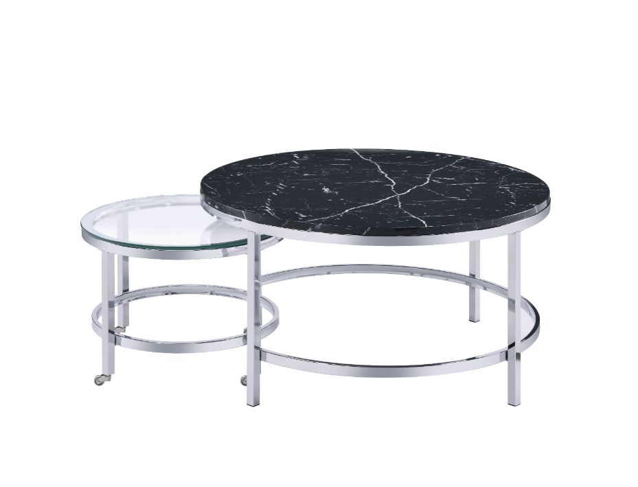 ACME - Virlana Nesting Table Set in Clear Glass/Faux Black Marble Top/Chrome