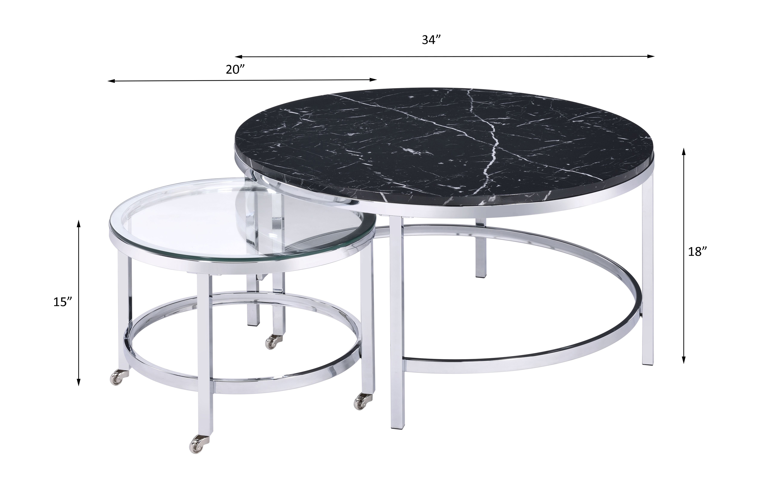 ACME - Virlana Nesting Table Set in Clear Glass/Faux Black Marble Top/Chrome