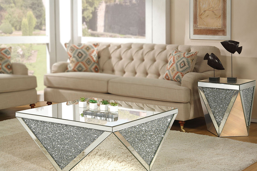 ACME - Noralie Coffee Table in Mirrored/Faux Diamonds (82770)