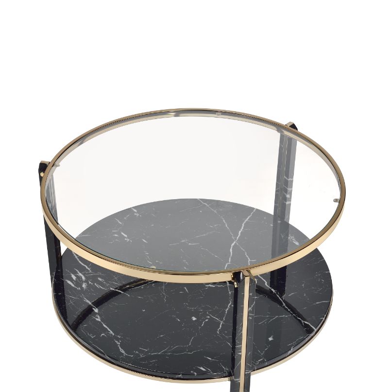 ACME - Thistle Coffee Table in Clear Glass/Faux Black Marble Top/Champagne