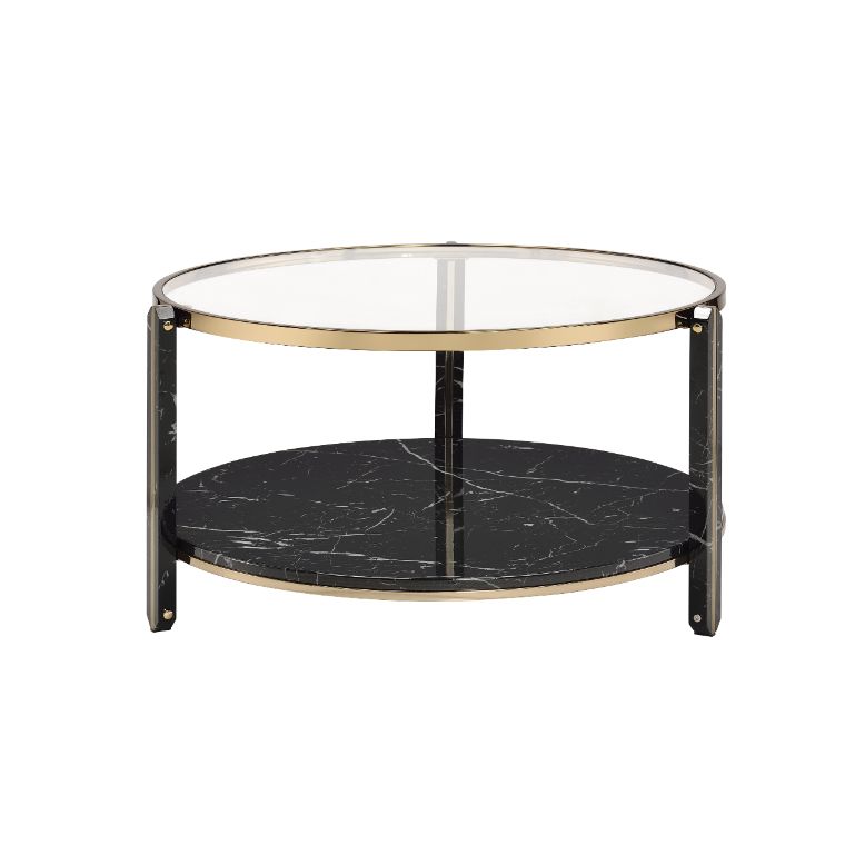 ACME - Thistle Coffee Table in Clear Glass/Faux Black Marble Top/Champagne