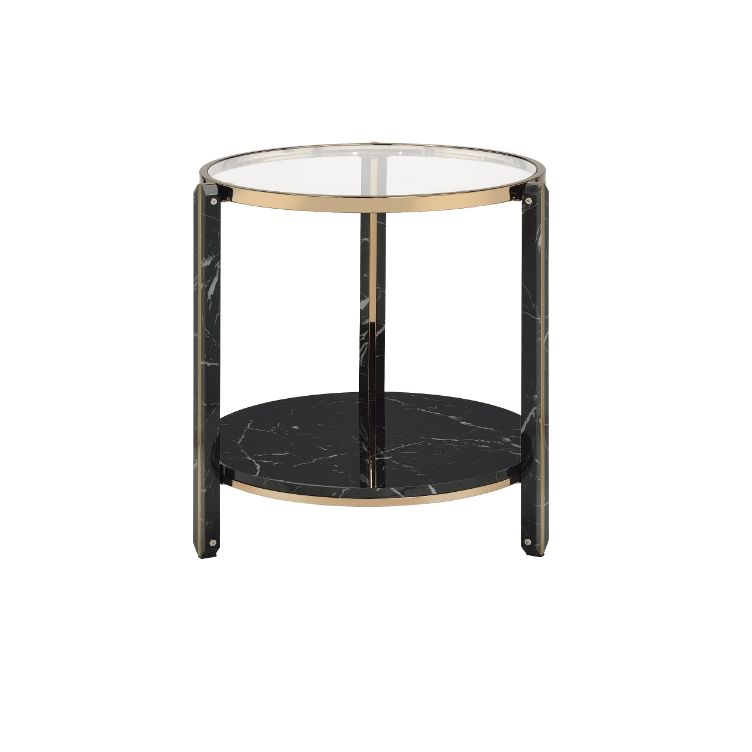 ACME - Thistle End Table in Clear Glass/Faux Black Marble Top/Champagne