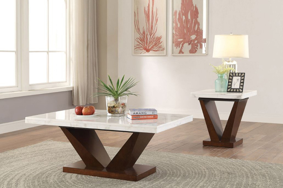 ACME - Forbes Coffee Table in White Natural Marble Top/Walnut