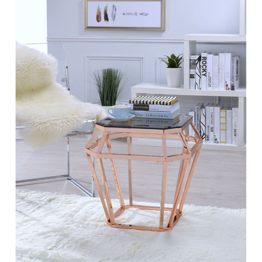 ACME - Clifton End Table in Rose Gold/Smoky Glass