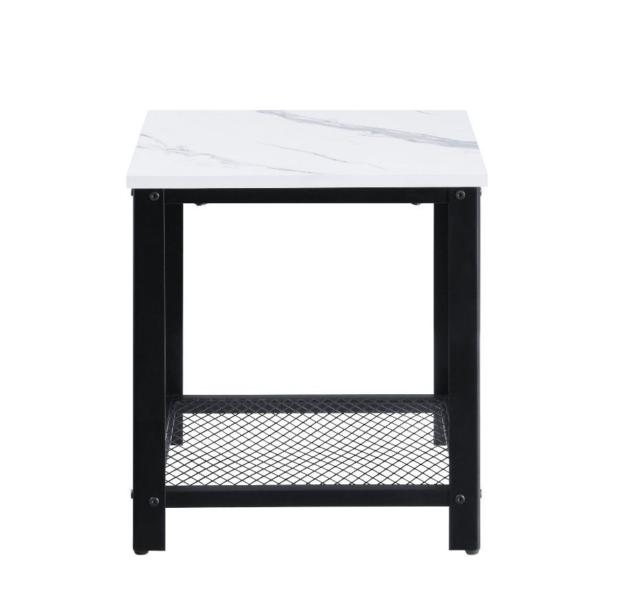 ACME Taurus End Table - White Printed Faux Marble Top/Black